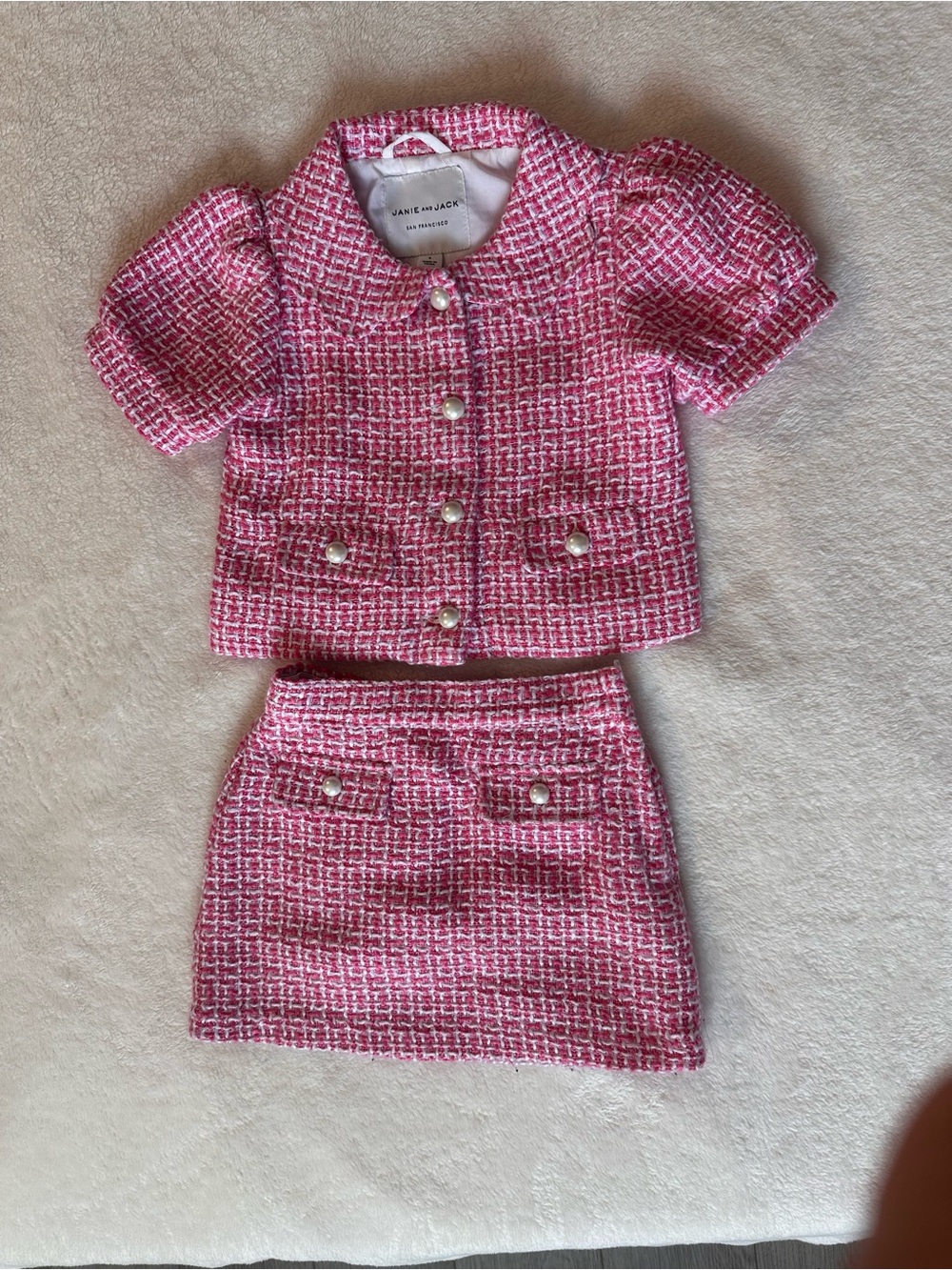 Janie and Jack Pink Tweed Pearl-Trim Jacket and Skirt Set. Worn one time only